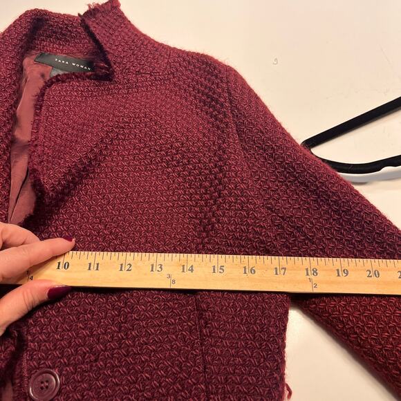 Zara Maroon Button Preppy Frayed Crop Blazer Jacket Size 8 - Picture 5 of 7